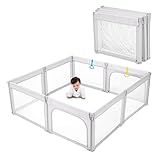 Doradotey Laufstall Baby Laufgitter Faltbar 150x180cm Benutzerdefinierte Formen, Baby Laufstall Sicher und Geräumig, atmungsaktives Netz Laufgitter Baby, Baby Playpen,Hellgrau