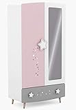 habeig Kinderzimmer Kleiderschrank mit Spiegel, 187x95x52 cm, Sternenmotiv, Verstellbare Böden (Rosa/Weiss/Grau #441)
