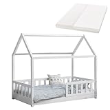 Juskys Kinderbett Marli 80 x 160 cm mit Matratze, Rausfallschutz, Lattenrost & Dach - Massivholz Hausbett für Kinder - Bett in Weiß