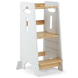COSYLAND Lernturm ab 1 Jahr - Höhenverstellbarer Learning Tower für Kinder (3-stufig) - Montessori Lernturm mit Kippschutz & Massivholz (Holzfarbe und Weiß)