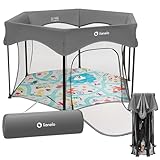 LIONELO Roel Laufstall Baby bis zu 15 kg, Großformat 118 x 118 x 83 cm, sechseckige Form, LockGuard Faltschloss, verstärkte Basis, rutschfeste Fußkappen, Schutztasche (Grau)