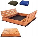 Premium Sandkasten 140x140 cm Imprägniert inkl. Video Anleitung für Montage Sandbox mit Abdeckung Sitzbänken Deckel Plane Sandkiste, Holz Sandkastenvlies 150x150 XXL