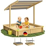 Spielwerk® Sandkasten Fritzi Sonnendach 140x140x120cm Naturholz Fichtenholz UV-Schutz Sandbox UV50+ Kantenschutz Bodenvlies Sandspielzeug Kinder