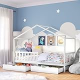 Bellabino Bia Kinderbett 90x200 cm – Hausbett mit Rausfallschutz, Lattenrost & 2 Schubladen – Montessori Kinder Bett aus Massivholz Kiefer – Bett für Jungen und Mädchen mit Stauraum in Weiß