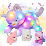 Hopearl LED Musical Gefüllte Katze Licht Singen Plüsch Spielzeug Playset Mama Katze mit 3 Baby Kätzchen in ihrem Bauch Lullaby Geschenke für Kinder Kleinkind Mädchen, Regenbogen, 45cm