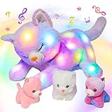 Hopearl LED Musical Gefüllte Katze Licht Singen Plüsch Spielzeug Playset Mama Katze mit 3 Baby Kätzchen in ihrem Bauch Lullaby Geschenke für Kinder Kleinkind Mädchen, Regenbogen, 45cm
