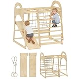 AIYAPLAY 6-in-1 Montessori Klettergerüst Indoor Holz Indoor Spielplatz mit Rutsche, Kletterstangen, Turnringen, Leiter, Kletternetz, Kletterturm Indoor für Kinder von 3-6 Jahre, Naturholz