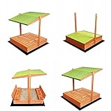 Premium Imprägniert Sandkasten 120x120 mit Dach mit Sonnenschutz mit UV-Schutz Sandbox mit Abdeckung mit Sitzbänken mit Deckel mit Plane Sandkiste Sandkastenvlies Holz