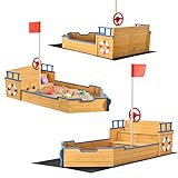 Juskys Sandkasten Käpt'n Pit - Piratenschiff Boot aus Holz — Große Kinder Sandkiste für den Garten mit Bodenplane und Sitzbank | Outdoor Sandbox