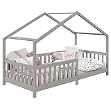 IDIMEX Hausbett LISAN aus massiver Kiefer in grau, schönes Montessori Bett in 90 x 200 cm, stabiles Kinderbett mit Rausfallschutz und Dach