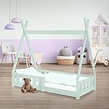 ML-Design Kinderbett Tipi 70x140 cm Mint mit Rausfallschutz und Lattenrost, aus Kiefernholz massiv, Indianer Bett für Mädchen & Jungen, Hausbett mit Zaun Bodenbett Kinderhaus Jugendbett Spielbett Zelt