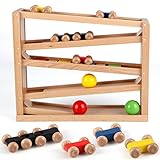 Jacootoys Holzautorampe Kugelbahn Spiel Rennstrecke 5 Schichten Racer Spielzeug Set 4 Autos 3 Bälle Geschenk für Kinder Jungen Mädchen