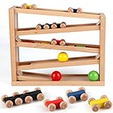 Jacootoys Holzautorampe Kugelbahn Spiel Rennstrecke 5 Schichten Racer Spielzeug Set 4 Autos 3 Bälle Geschenk für Kinder Jungen Mädchen