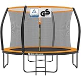 SONGMICS Trampolin 366 cm d, Gartentrampolin für Kinder mit Sicherheitsnetz, 180 cm hohe gebogene Stangen, Randabdeckung, Leiter, Stahlrahmen, schwarz-orange STR122O01