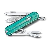 Victorinox Schweizer Taschenmesser, Klein, Classic SD, Multitool, Swiss Army Knife, Geschenk, 7 Funktionen, Klinge, Nagelfeile, Türkis Transp.