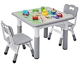 Kindertisch mit 2 Stühlen, Kindersitzgruppe Höhenverstellbar Packung, Tisch Stuhl Set für Kinderzimmer, Plastik Kindermöbel, Sitzgruppe für Jungen Mädchen ab 3 Jahre (Grau, Quadratischen Tisch)