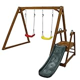 DRIXNO Doppelschaukel für Kinder, Robuste Kinderschaukel mit Rutsche und Kletterleiter, Outdoor Schaukelgerüst Schaukelgestell aus Massivholz, 238,5x240x168,9cm