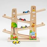Kugelbahn Holz,Premium Holzspielzeug mit 4 Autos,Autorennbahn Holz Spielzeug für Jungen Geschenke Geburtstagsgeschenke,Rennbahn Lernspielzeug Geschenk für Kinder über 18 Monate