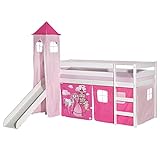 Hochbett mit Rutsche Benny Kinderbett Spielbett Holzbett mit Rutsche, mit Vorhang und Turm Prinzessin Motiv rosa pink, Kiefer massiv weiß lackiert, 90 x 200 cm