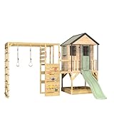 Wendi Toys M48-G Stelzenhaus mit Rutsche, Kletterturm aus FSC-Holz, Spielhaus Kinder Outdoor Garten mit Plattform 90/120 cm, Kletterwand, Kletternetz, Turnringe, Sandkasten, 340×360×242 cm