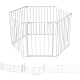 VOUNOT Kaminschutzgitter Freistehend mit Tür, 375cm inkl. 6 Elementen, Ofenschutzgitter Metall für Kinder, Kamingitter Ofengitter Kinderschutz, Laufgitter Laufstall Absperrgitter Baby, Weiß