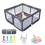 Baby Playpen for Babies and Toddlers, Durable Play Pen with Visible Breathable Mesh, Foam Protection, Easy to Assemble Infant Fence with Travel Bag-128 ×128cm (Dunkelgrau, 128x128cm Bag)