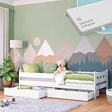 Bellabino Kuru Kinderbett 90x200 cm – Jugendbett mit 2 Schubladen - Kinder Bett mit Matratze, Rausfallschutz & Lattenrost – Einzelbett für Jungen und Mädchen Kinderzimmer – Kids Bed mit Stauraum Weiß