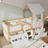 FEZTOY Kinderbett 90x200 mit Rausfallschutz und kleine Treppe, Hausbett Kleinkind Jugendbett Bettgestell mit Lattenrost & Schubladen. Bett für Mädchen Jungen