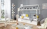 TiCAA Kinderbett Hausbett mit Schubkasten 90x200 cm, für Jungen & Mädchen, inkl. Vorhangstoff, Montessori Bett weiß aus Kiefer Massivholz