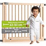 BOMI Kindertreppen Gitter Miko PEFC geprüftes Buchenholz | Ohne Bohren | 90° Stop | Baby Gitter Holz mit XXL-Tür | Kindertreppenschutzgitter Tür und Treppenschutzgitter zum Klemmen | Breite: 79-87 cm