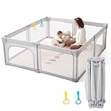 Laufstall Baby Faltbar 150x150cm, Laufgitter Baby Vormontiert Sicherer Spielbereich Zusammenklappbarer Playpen, Portabel Kinder Laufstall aus Stoff und Mesh für Indoor and Outdoor, Grau