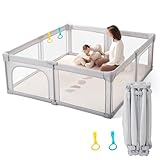 Doradotey laufstall baby 150x150cm, laufgitter baby faltbar mit atmungsaktivem Netz, baby laufstall mit zwei Reißverschlusstüren, stabil kinderlaufstall grau