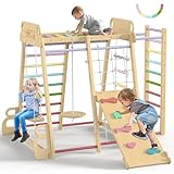 SOFTHOM Maxi Klettergerüst Indoor, Montessori Kinder Klettergerüst, 10-in-1 Holz Spielplatz für Kinder ab 1 Jahr mit Rutsche, kletterwand und Schaukeln, Kletterturm, Indoor-Spielplatz, Regenbogen
