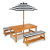 KidKraft Gartentisch mit Bank, Kissen und Sonnenschirm für Kinder, Outdoor Gartenmöbel aus Holz für Kinder, Marineblau-Weiß gestreift, 106