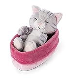 NICI Kuscheltier Sleeping Kitties Katze 12cm, grau, im pink-lilanen Körbchen