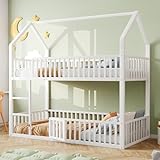 Etagenbett 90x200, Kinderbett Hochbett für 2 Kinder, Hausbett mit Treppe und Tür, Metallbett mit Rausfallschutz und Lattenrost, Stockbett Familienbett Doppelbett Bettgestell (Weiß, 90x200 cm)