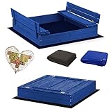 Magus Sandkasten Imprägniert Blau120 x 120 Premium Sandbox mit Abdeckung Sitzbänken Deckel Plane Sandkiste Holz Kiefer Sandkastenvlies XL XXL