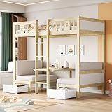 Platzsparendes Etagenbett für Kinder, Hochbett mit Flexibler Tisch und Holzsofa mit Kissen, Kinderbett mit Treppe und 2 Schubladen, 90x200cm Funktionsbett Stockbett Hochbett Jugendhochbett, Holzfarbe