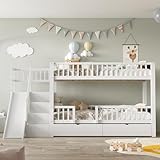Etagenbett Kinderbett 90x200 für 2 Kinder, Hochbett mit Treppe&Rutsche&2 Schubladen, Funktionsbett Holzbett Stockbett Spielbett Jugendbett Bettgestell mit Rausfallschutz&Lattenrost,Ohne Matratze,Weiß