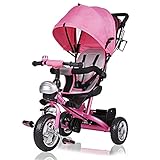 Spielwerk® Dreirad 4in1 mit Schubstange ab 1 Jahr Drehbarer Sitz Getränkehalter Sonnendach Kinderdreirad Fußablage Baby Buggy Laufrad Kleinkind Rosa