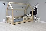 Best For Kids Kinderbett Hausbett Kinderhaus mit Rausfallschutz Jugendbett mit 10 cm Matratze Natur Haus Holz Bett (90x200 cm mit Matratze)