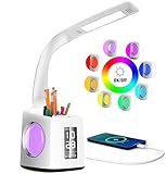 VAZILLIO Schreibtischlampe Kinder 7 IN 1 Led Tischleuchte 10W Augenschutz Nachttischlampe Dimmbar Stifthalter Tischleuchte mit Lcd Display/kalender/Wecker/USB-Anschluss für kinder geschenk