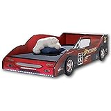 METEOR Rennauto-Bett mit LED-Beleuchtung 90 x 200 cm - Aufregendes Autobett für kleine Rennfahrer in Rot-Schwarz - 97 x 56 x 216 cm (B/H/T)