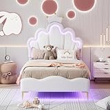 DAHUEN Kinderbett 90x200, Polsterbett für Mädchen mit Höhenverstellbarem Kopfteil und Lattenrost, Einzelbetten Mädchenbett Prinzessinnenbett Jugendbett Bettgestell, PU (Weiß, 90 * 200cm)