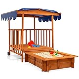 COSTWAY Sandkasten Holz, Spielveranda mit Sandbox, Abdeckung, Dach, Hinterräder, Geländer, rollbarer Sandkiste für Kinder