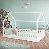 ML-Design Kinderbett 90x200 cm mit Rausfallschutz, Dach und Lattenrost, Weiß, Massivholz Kinder Bett, Hausbett für Mädchen/Jungen, Bettenhaus aus massivem Kiefernholz, Bodenbett Jugendbett Kinderhaus