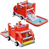 COSTWAY Hüpfburg mit Rutsche, Planschbecken, Kinder Springburg im Feuerwehr-Stil, Hüpfschloss für Indoor & Outdoor, 564 x 268 x 212 cm