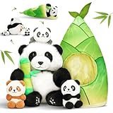 OUOZZZ 5 Stück Panda Kuscheltier und Bambus-Tasche, 25cm Weich Panda Plüschtier mit 3 Baby im Bauch - Baby Geburtstagsgeschenk für Kinder