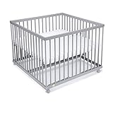 FabiMax Baby Laufgitter 100x100 Grau lackiert, stufenlos höhenverstellbar, mit Schlupfsprossen, Laufstall aus massivem Buchenholz (Matratze Air)