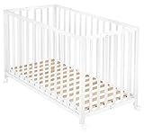 roba Klappbett Fold Up 60 x 120 - Klappbares Babybett aus Holz - 2-fach höhenverstellbar - Platzsparendes Gitterbett auf Rollen - Weiß